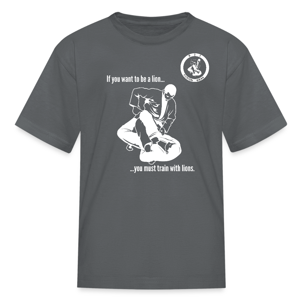Kids T-Shirt | Train with Lions 2 Design | Jiu Jitsu - charcoal