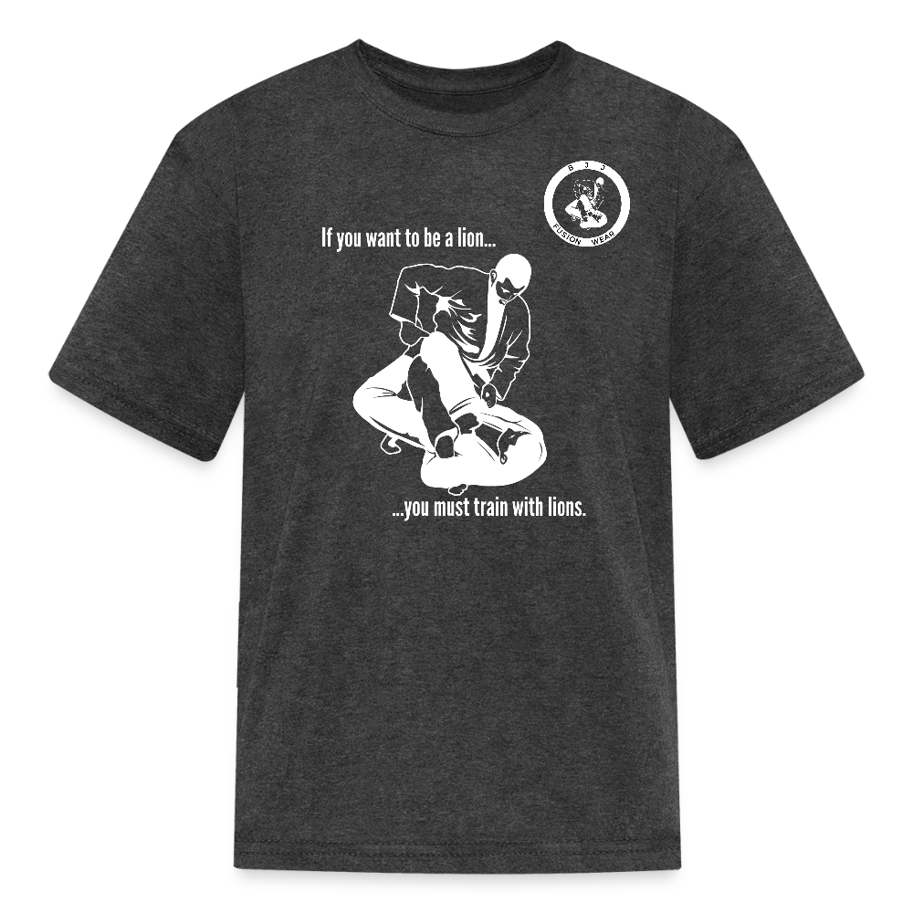 Kids T-Shirt | Train with Lions 2 Design | Jiu Jitsu - heather black