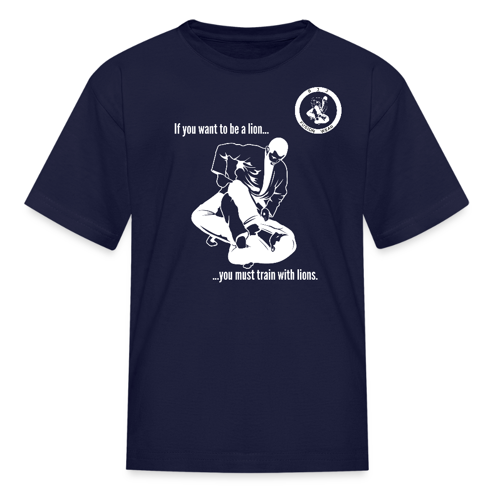Kids T-Shirt | Train with Lions 2 Design | Jiu Jitsu - navy