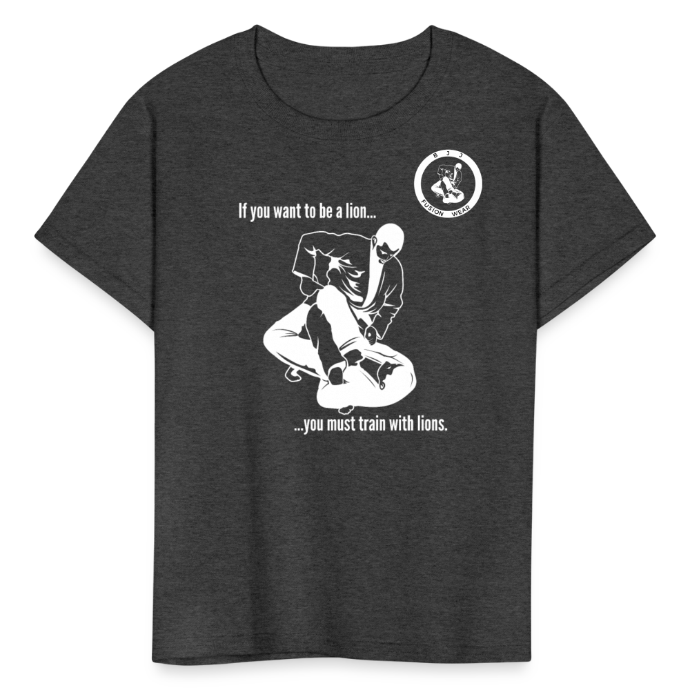 Kids T-Shirt | Train with Lions 2 Design | Jiu Jitsu - heather black