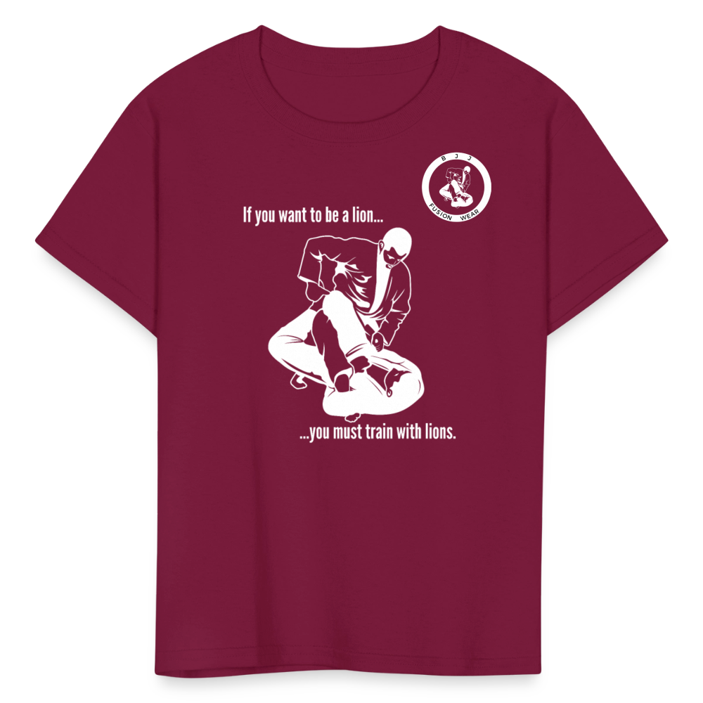 Kids T-Shirt | Train with Lions 2 Design | Jiu Jitsu - burgundy