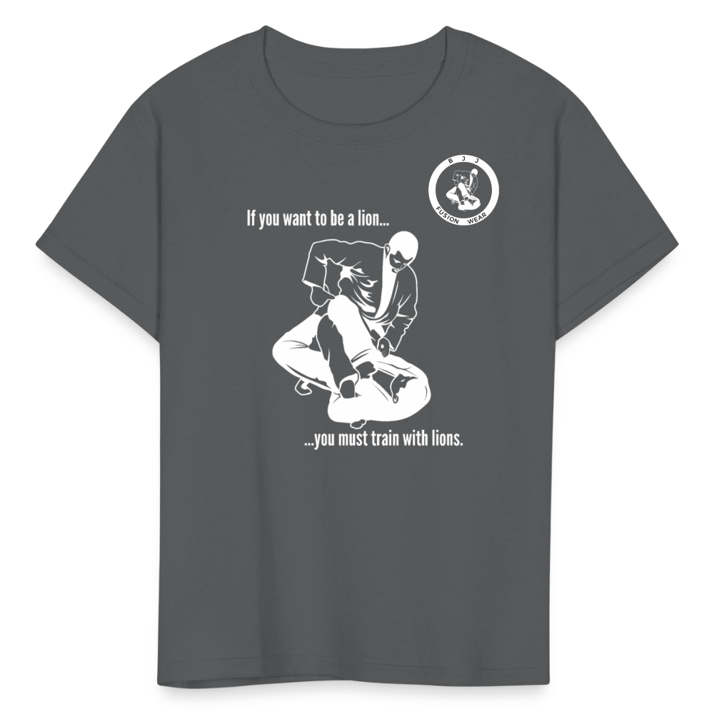 Kids T-Shirt | Train with Lions 2 Design | Jiu Jitsu - charcoal