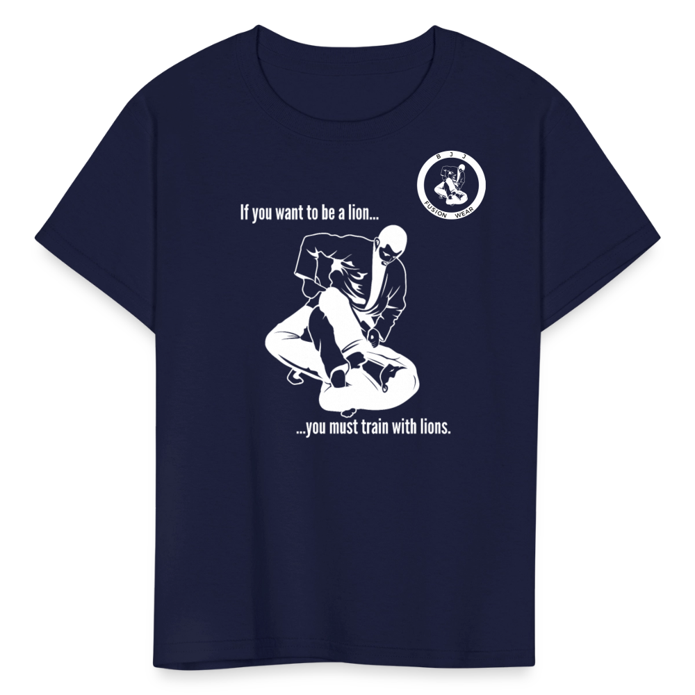 Kids T-Shirt | Train with Lions 2 Design | Jiu Jitsu - navy