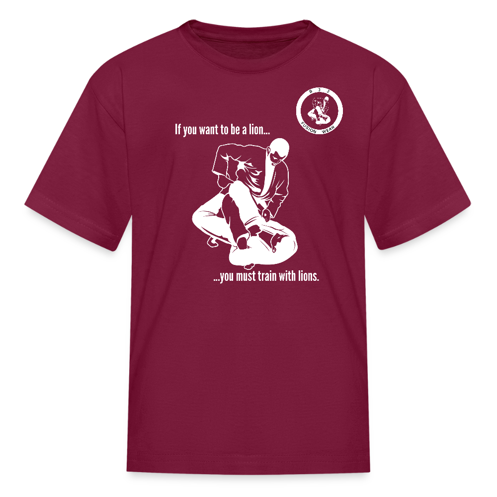 Kids T-Shirt | Train with Lions 2 Design | Jiu Jitsu - burgundy