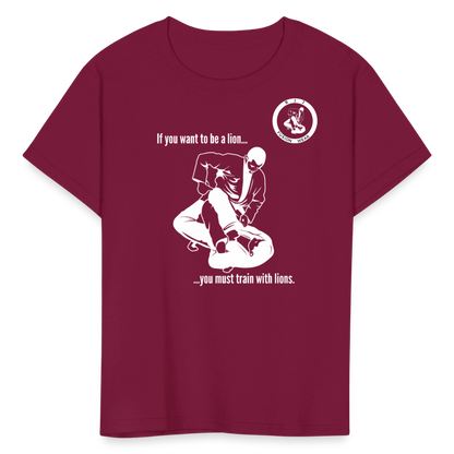 Kids T-Shirt | Train with Lions 2 Design | Jiu Jitsu - burgundy