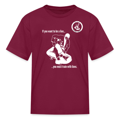 Kids T-Shirt | Train with Lions 2 Design | Jiu Jitsu - burgundy