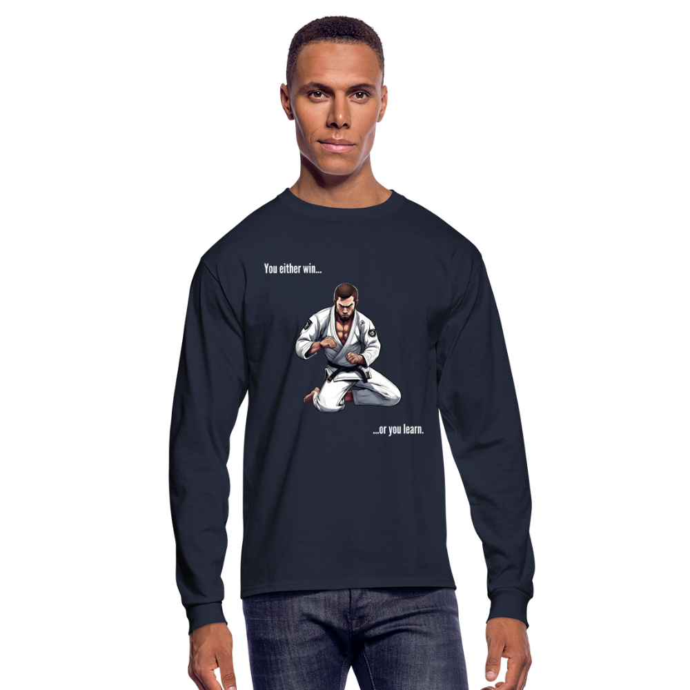 BJJ Men's Long Sleeve T-Shirt | You either win or you learn design| Front Print - navy